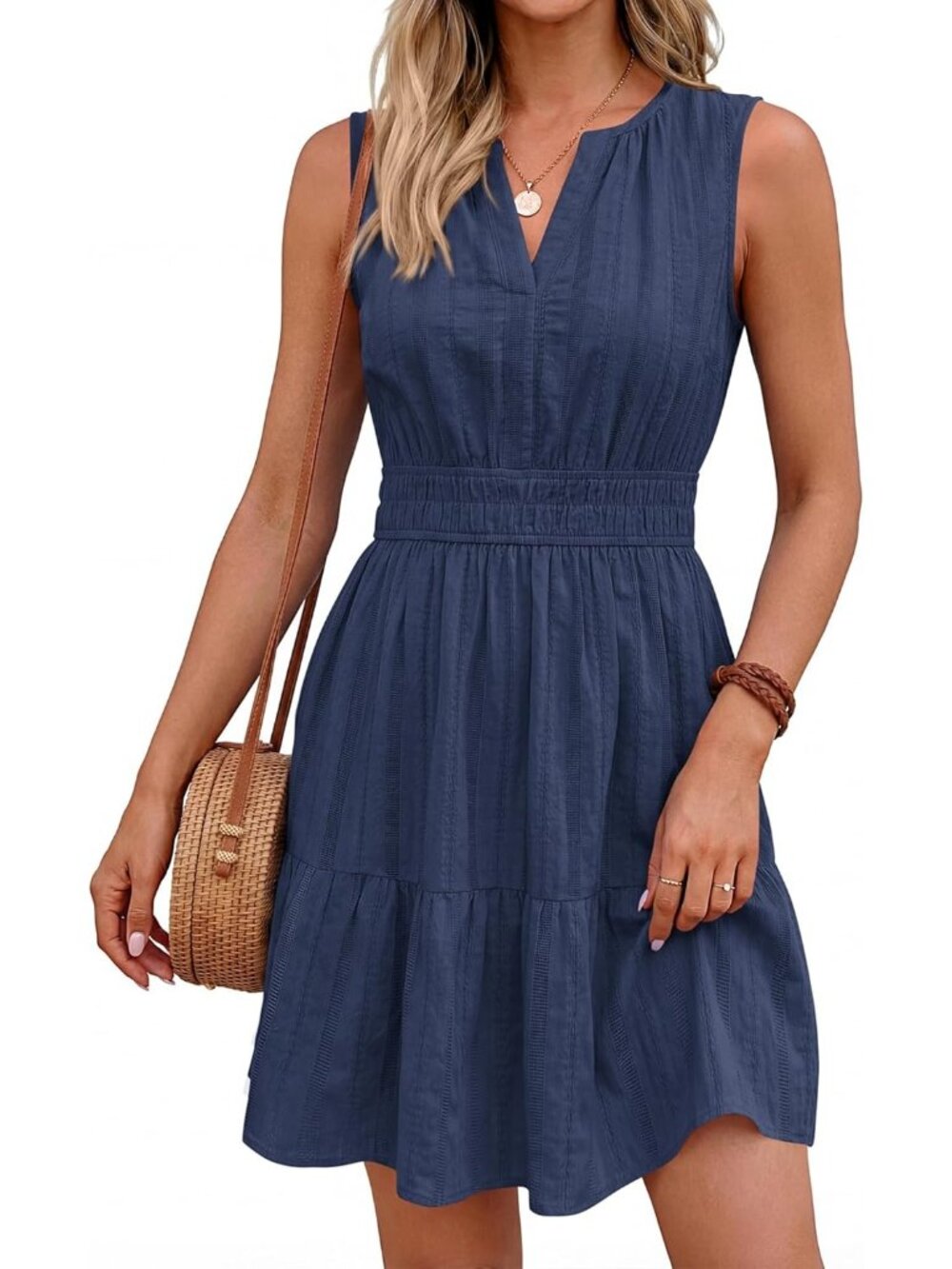 Women's Navy Blue V Neck Casual Sleeveless Summer Boho Pull On Cotton Mini Dress